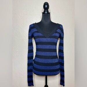 EXPRESS Striped V-Neck Cotton Blend Sweater Metallic Blue / Black Women's Medium